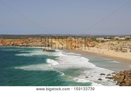 Ocean Waves On Praia Do Tonel Beach. View From Sagres Fortress, Portugal.
