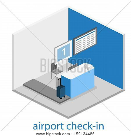 Isometric Flat 3D Vector Interior Of Airport Check-in.