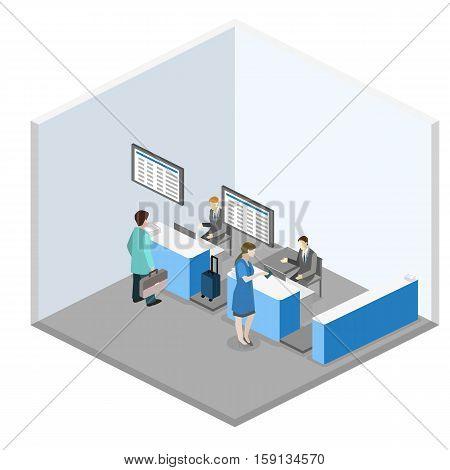 Isometric Flat 3D Vector Interior Of Airport Check-in.