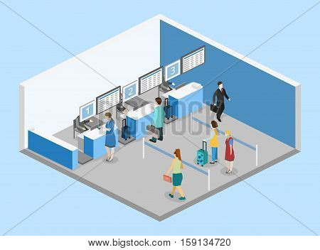 Isometric Flat 3D Vector Interior Of Airport Check-in.
