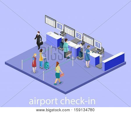 Isometric Flat 3D Vector Interior Of Airport Check-in.