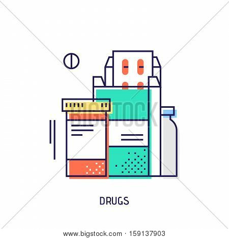 Drugs and pills icon. Diabetes vector thin line icon. Premium quality outline sign. Stock vector illustration in flat design. See also other medical icons.