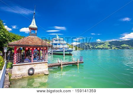 Traditional Excursion Ship  At Famous Lake Zug On A Sunny Day, Switzerland.