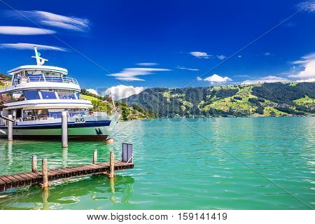 Traditional Excursion Ship  At Famous Lake Zug On A Sunny Day, Switzerland.