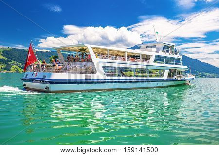 Traditional Excursion Ship  At Famous Lake Zug On A Sunny Day, Switzerland.