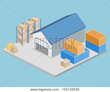 Isometric Flat 3D Concept Vector Warehouse Outside.