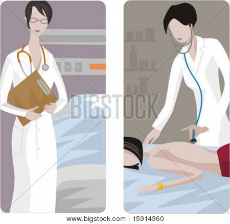 Zestaw 2 ilustracje medyczne. 1) Pielęgniarki z stetoskop. 2) Lekarz cheking dziewczyna.