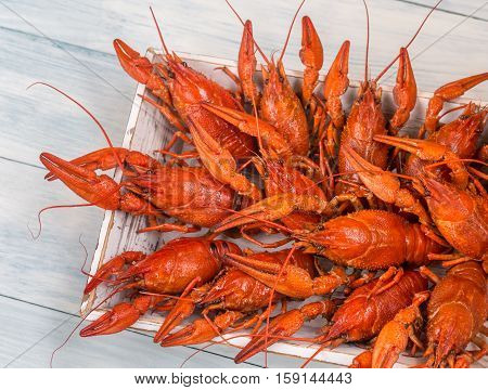 Tray with boiled crayfish on a table