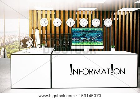 Front view of modern information desk with forex chart on computrer screen. 3D Rendering