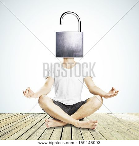Meditating man with open iron lock instead of head on white background. Unlocking mind to find new solutions