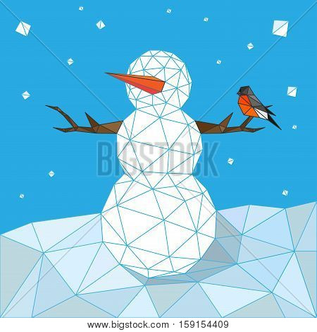 Snowman with Bullfinch in Snow in Polygonal Style