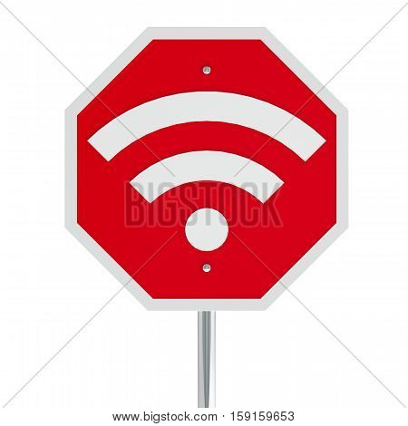 Stop sign with WiFi sign on a white table represents No network signal and No covering three-dimensional rendering 3D illustration