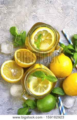Homemade Sparkling Lemonade On A Grey Concrete,stone Or Slate Background.top View.