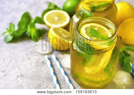 Homemade Sparkling Lemonade On A Grey Concrete,stone Or Slate Background.top View.