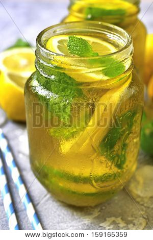Homemade Sparkling Lemonade On A Grey Concrete,stone Or Slate Background.top View.