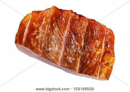 Piece of Smoked Carving Ham Isolated on White Background. Selective focus.
