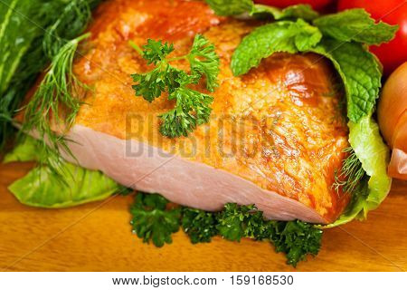 Piece of Smoked Carving Pork Ham. Selective and Soft focus.
