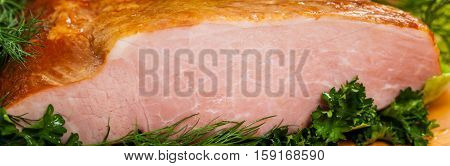 Piece of Smoked Carving Pork Ham. Selective and Soft focus.