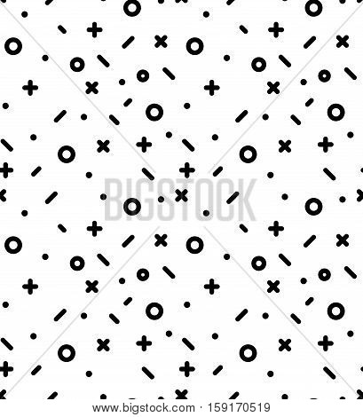 Geometric pattern with circles, dotes, pluses and crosses. Black and white background for the cover of the Memphis style or background