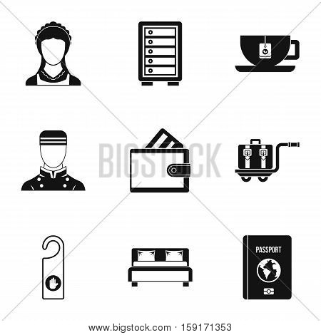 Staying in hotel icons set. Simple illustration of 9 staying in hotel vector icons for web