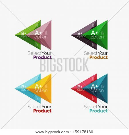 Set of triangle option infographic layouts. Select your product concept, make a choice idea