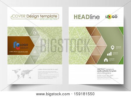 Business templates for brochure, magazine, flyer, booklet or annual report. Cover design template, easy editable vector, abstract flat layout in A4 size. Green color background with leaves. Spa concept in linear style. Vector decoration for cosmetics, bea
