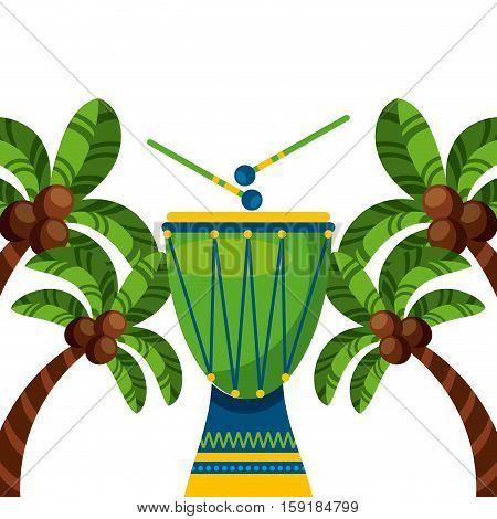 drum instrument of brazil musical culture over palms and white background. colorful design. vector illustration