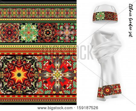Vector ethnic border set. Bright colors mandala flowers pattern. Floral decorative border on white warm knitted cap and scarf mock up.