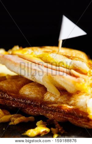 Sandwish ham cheese with frenchfries on wood plate and black background