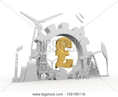 Energy and Power icons set on white backdrop. Sustainable energy generation and heavy industry. 3D rendering. Golden material Pound sign