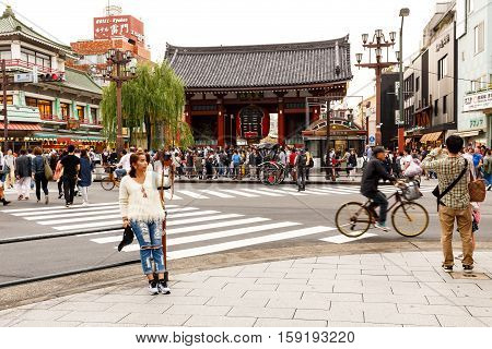 Woman Selfie In Front Of Sensoji Temple Asakusa In Cloudy Day