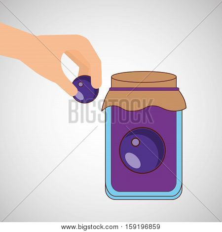 hand puts plum jar jam vector illustration eps 10