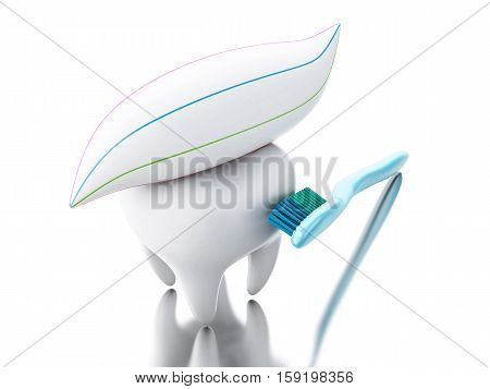 3D Illustration. Toothbrush brushing a tooth. Dental hygiene and healthy concept. Isolated white background.