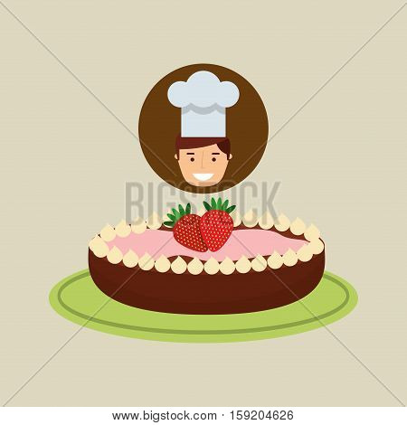 cartoon chef dessert cake chocolate with strawberry vector illustration eps 10