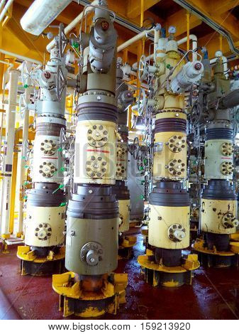 Aligned x-mass tree, Control valve for oil and gas production process, Petroleum construction on offshore wellhead platform, Energy and petroleum industry, Oil and gas or petroleum is major of world