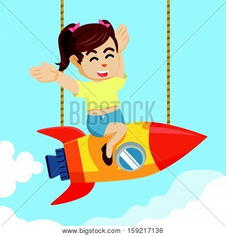 twintail girl on rocket colorful illustration design