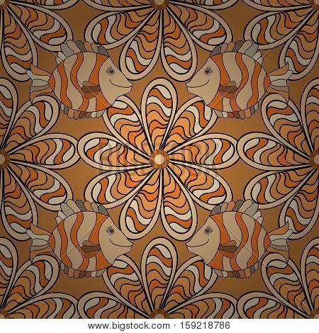 Brown petals strape flowers with fishes. Vector.