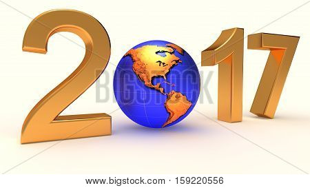 Year 2017 Earth gobe on the white background. 3d illustration.