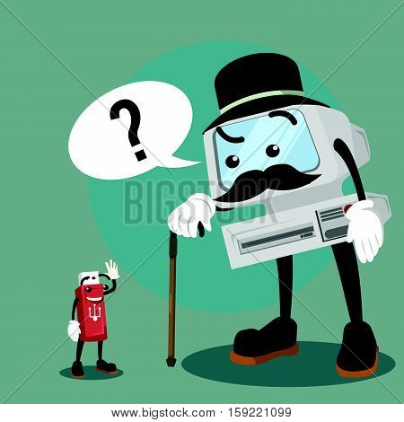 old computer meet flashdisk eps10 vector illustration design