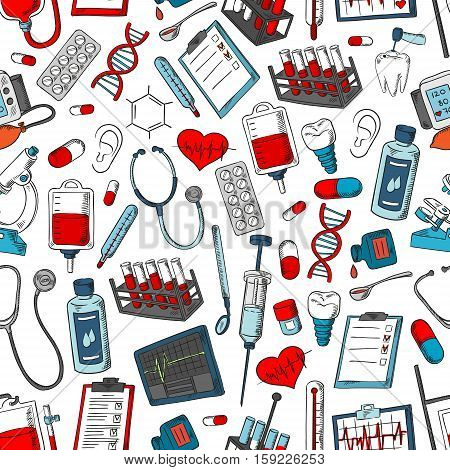 Medical tools and medicine pattern. Vector seamless background of medical items, doctor, pills, drugs, lungs, microscope, heart, blood and dna, x-ray, ointment and dropper, lungs, heart organ and drops, syringe and thermometer, stethoscope and dropper