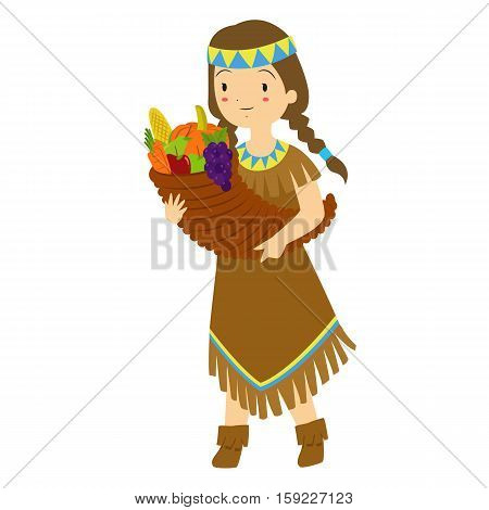 A Native girl walking while carrying a horn basket full of fruits.