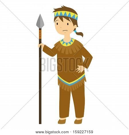 A Native boy standing and holding a hunting spear.