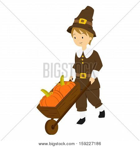 A Pilgrim boy pushing a wheel cart filled with pumpkins.