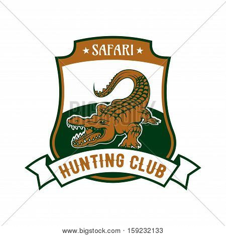 Safari Hunting club emblem. Vector isolated shield shape icon or badge with African crocodile alligator in river and ribbon. Hunting sport adventure club symbol or icon