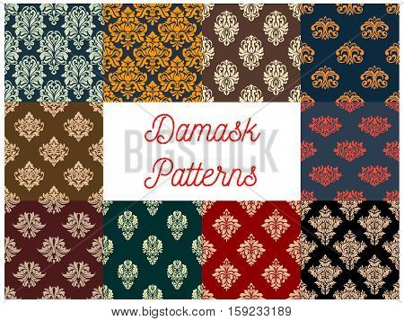 Damask patterns set. Vector seamless background of floral ornate motif. Flourish flowery decor tiles set of baroque embellishments and ornamental rococo adornments. Drapery and tracery luxury backdrops