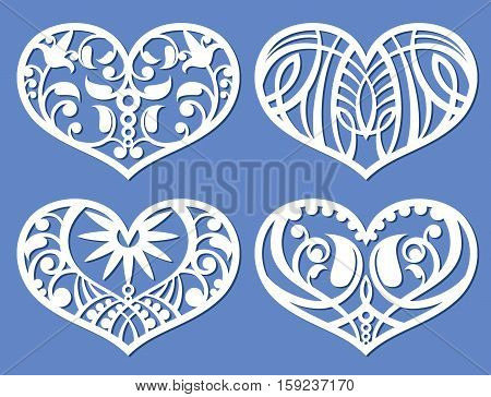 Lacy hearts, laser cutting fretwork shapes, plotter cutout love vector symbols. Heart with floral pattern, illustration of decoration heart love