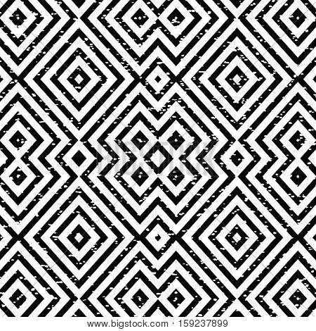 Abstract geometric seamless pattern. Monochrome background with rhombs and white dots. Black and white fantasy geometric tile. Vector illustration.