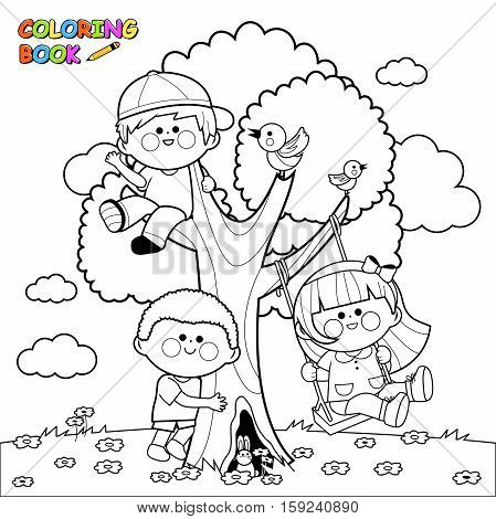 Vector Illustration of children playing and climbing on a tree. Coloring book page.