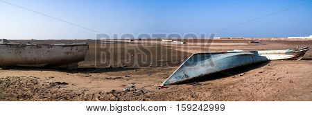 Panorama of Berbera port and beach with boats Somalia