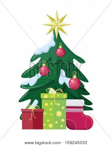 Christmas concept vector. Flat design. Illustration of christmas tree in snow, bubble toys, star, gift boxes with presents, big sock for stocking. Christmas and New Year celebrating. White background